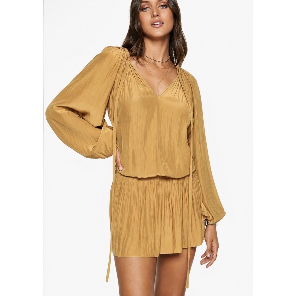 NWT Ramy Brook Paris LS Dress Mustard Gold Silk Long Sleeve Mini Dress Small